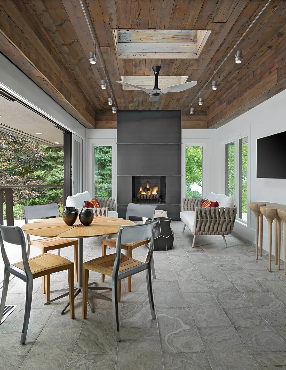 The Lake House Diamond Building Fabulous Outdoor Living Area with Fireplace and Wood Ceiling