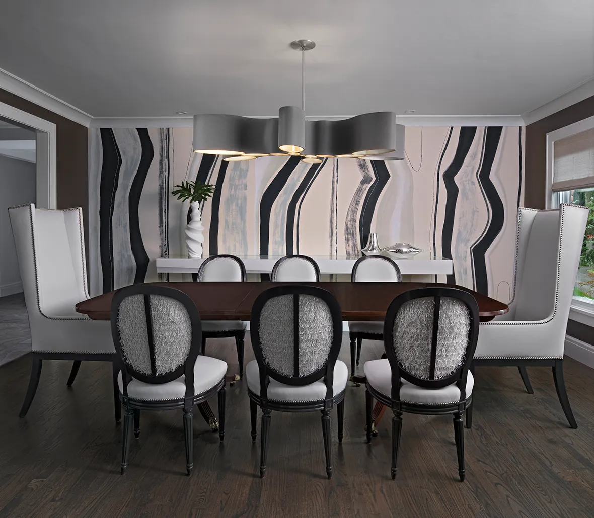 The Lake House Diamond Building Stunning Modern Dining Room with Dramaic Wallpaper